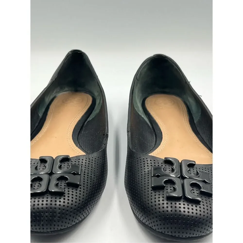 Tory Burch Lowell 2 Perforated Black Leather Ballerina Ballet Flat w Logo Size 7